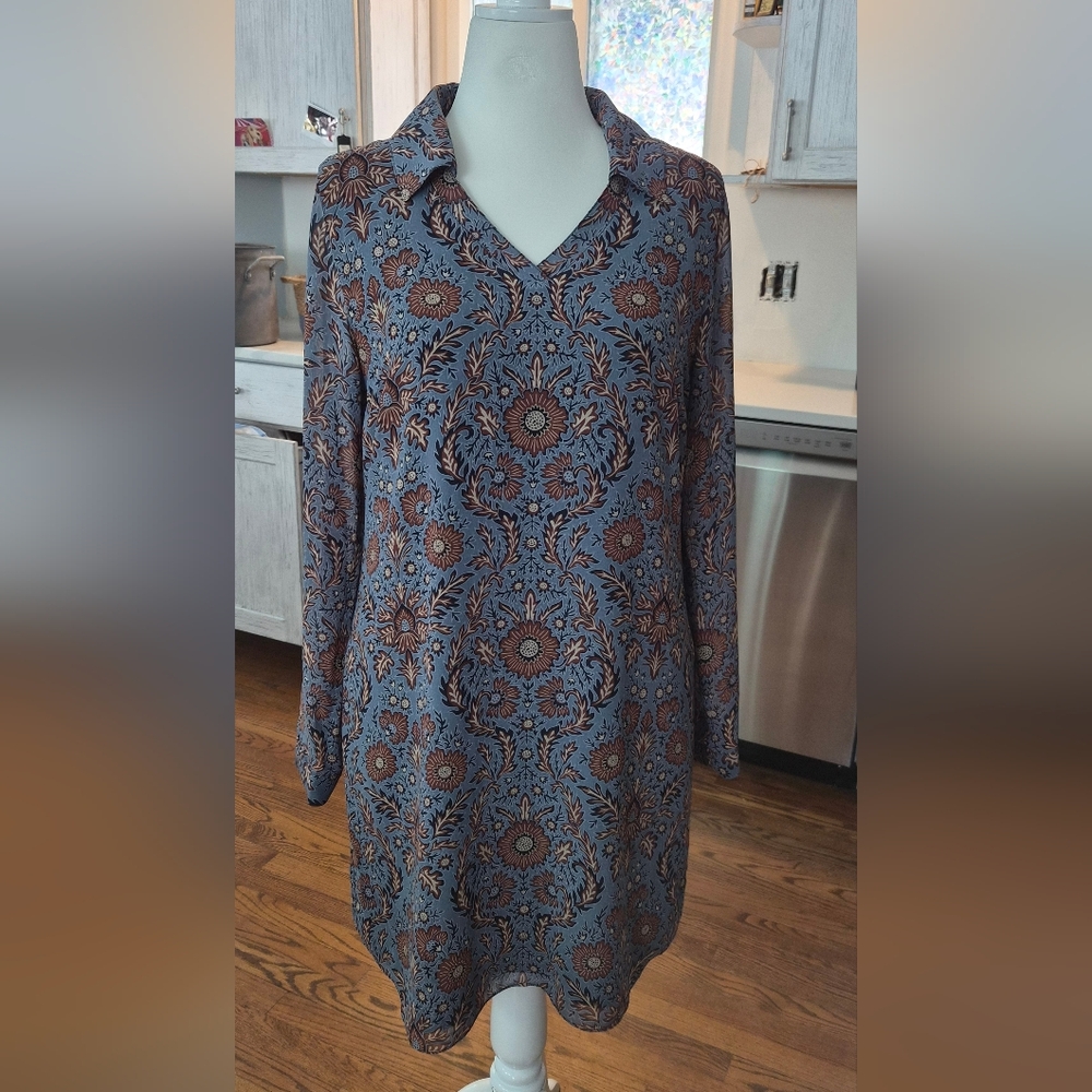 CAbi Blue and Brown Floral Long Sleeve Dress
